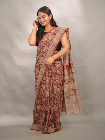 Red Hand Block Printed Kalamkari Cotton Saree | Looms & Tassels