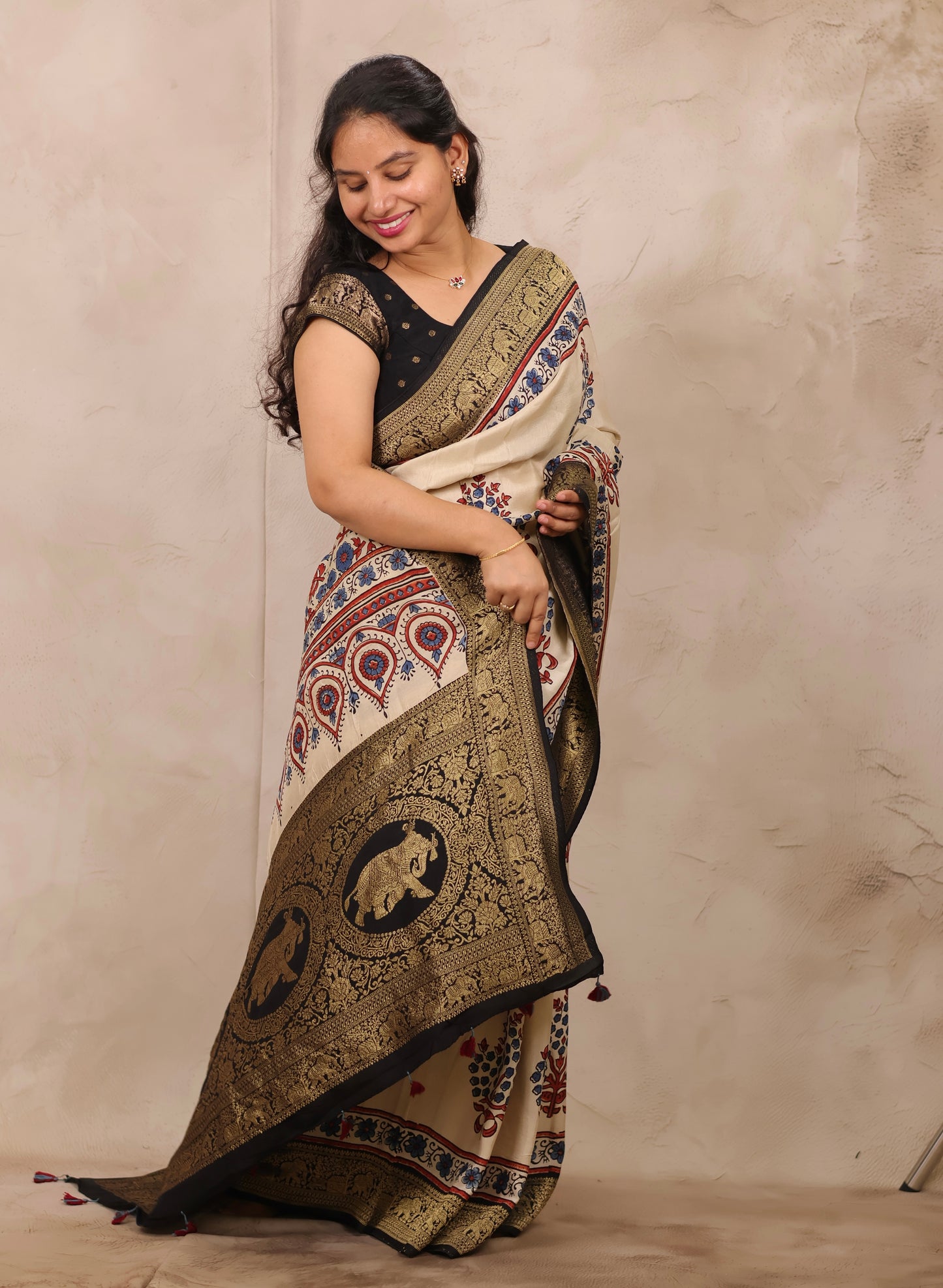 Cream Ajrakh Handblock printed Dola Silk Saree | Looms & Tassels
