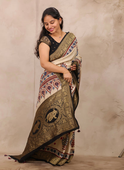 Cream Ajrakh Handblock printed Dola Silk Saree | Looms & Tassels