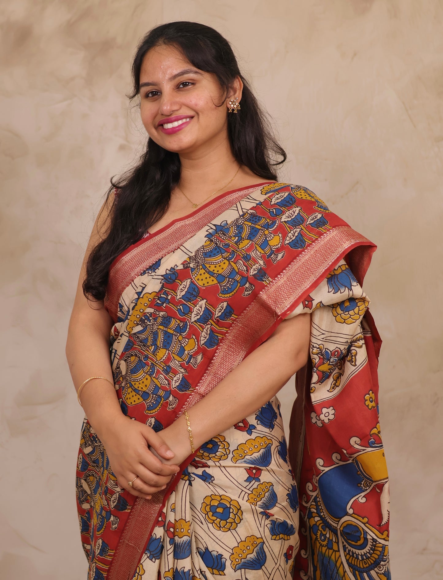Cream Lotus Story Telling Kalamkari Nizam Border Chennur Silk Saree | Looms & Tassels