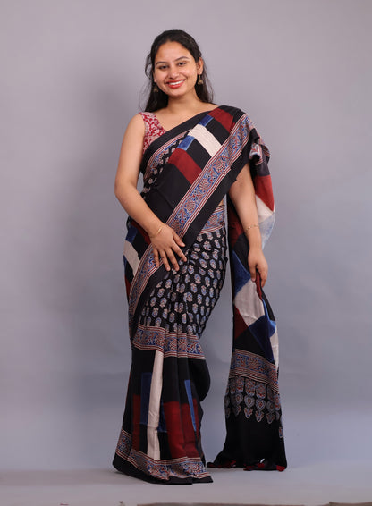 Authentic Ajrakh Handblock Printed Modal Silk Saree | Looms & Tassels