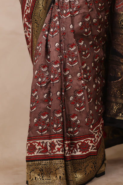 Dusty Brown Ajrakh Handblock printed Dola Silk Saree | Looms & Tassels