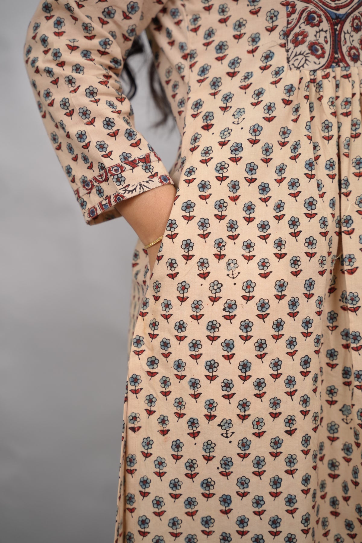 Cream Ajrakh Cotton Patchwork Aline Kurta | Looms & Tassels