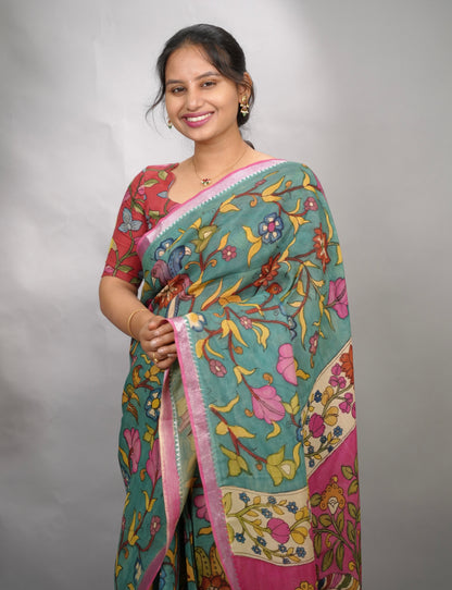 Bue Hand Drawn Pen  Mangalagiri Silk Saree | Looms & Tassels