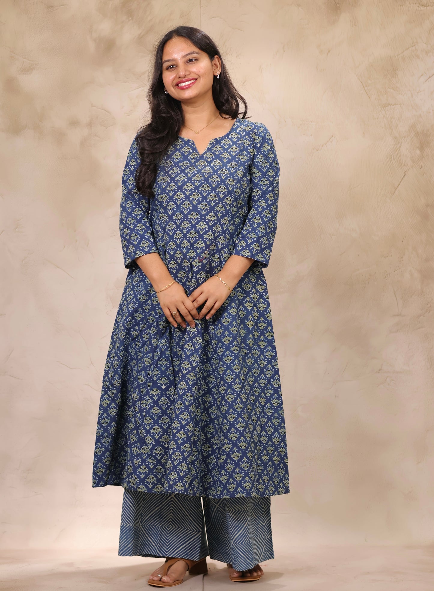 Indigo Ajrakh Handblock Printed Kali Kurti Co-ord Set (Pure Cotton ) | Looms & Tassels