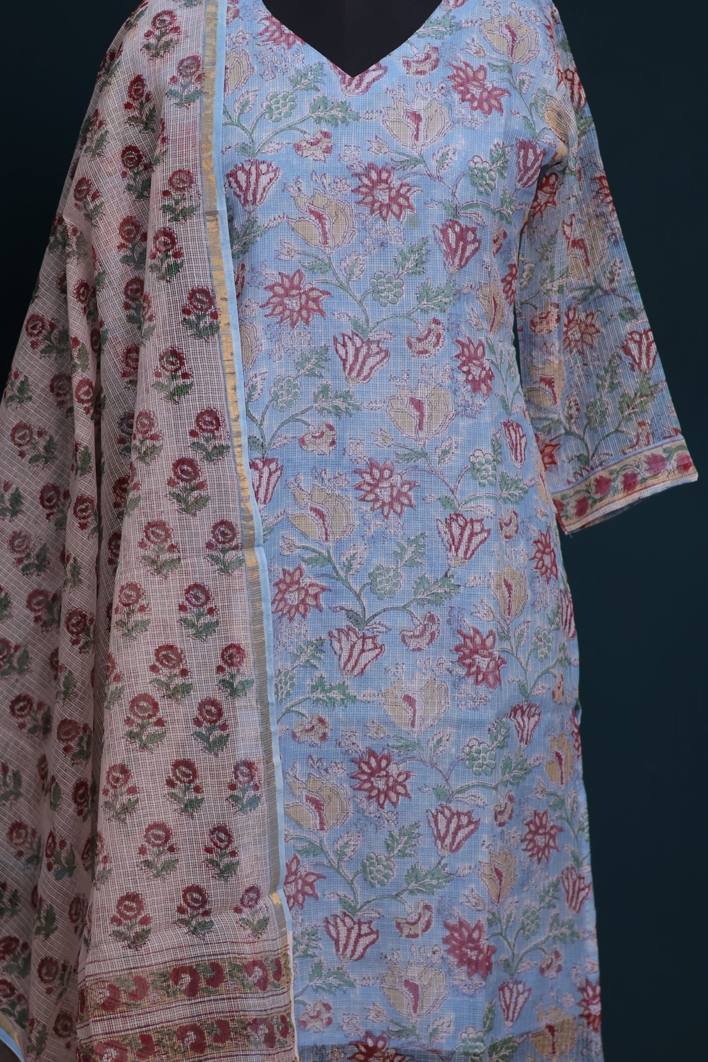 Sky blue Handblock printed kota 3 piece suit (stitched)