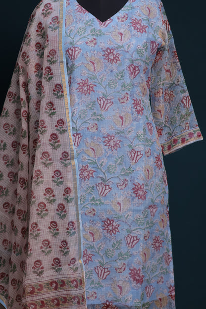 Sky blue Handblock printed kota 3 piece suit (stitched)