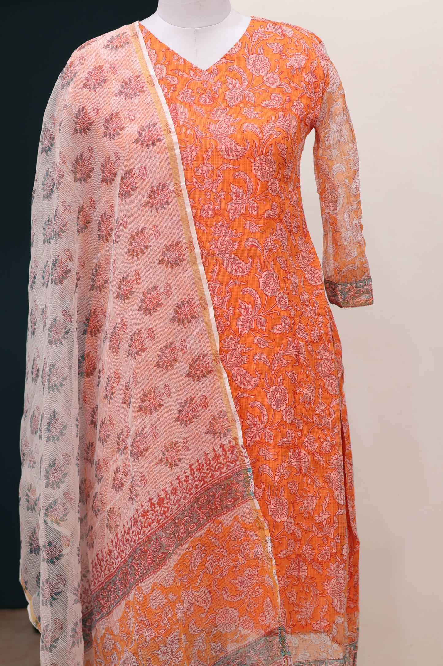 Orange Handblock printed kota 3 piece suit (stitched)