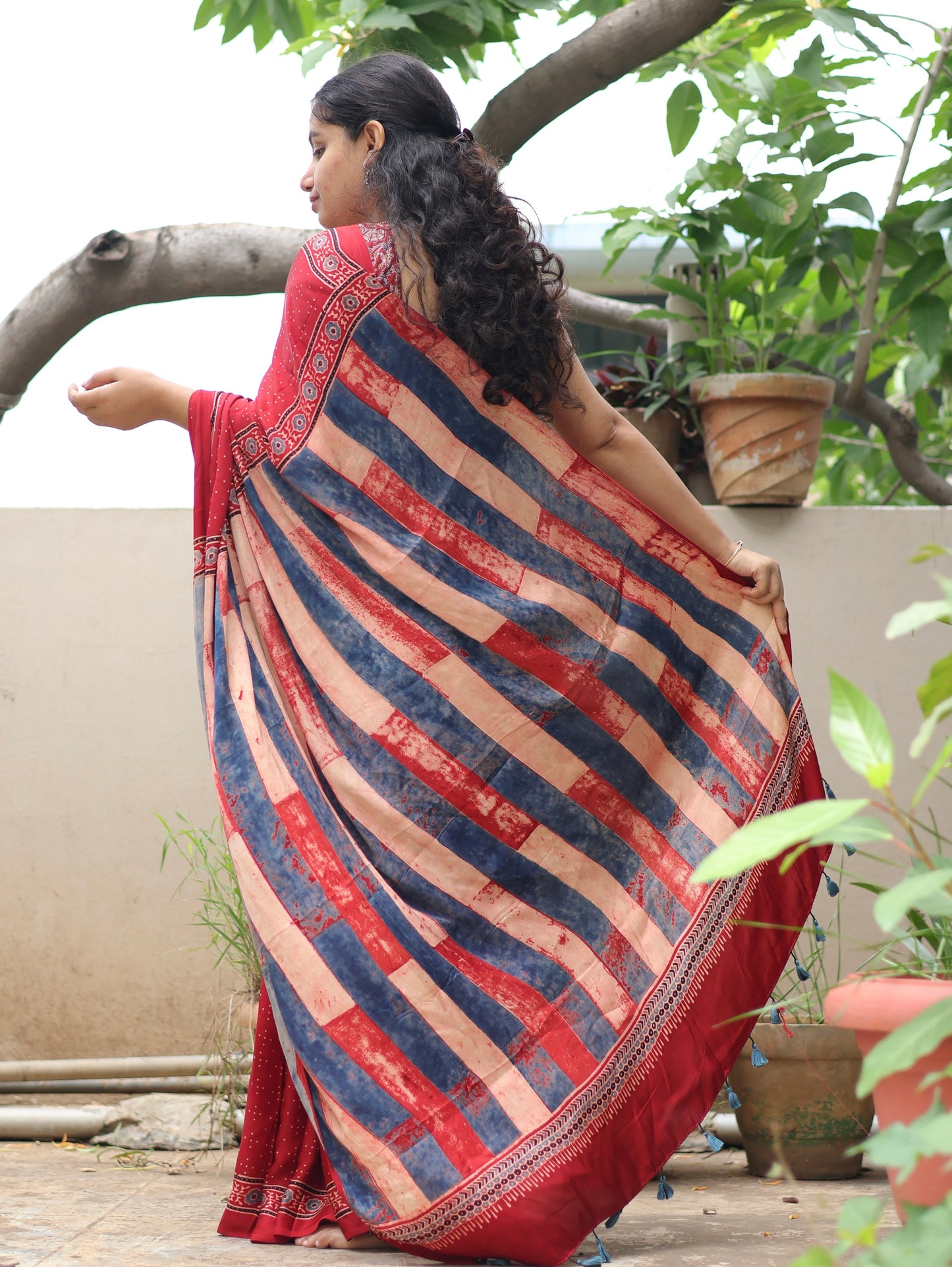 Red Ajrakh Modal Silk Saree