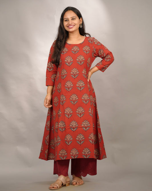 Red Ajrakh Hand Block Printed Pure Mul Cotton A-line Kurta | Looms & Tassels