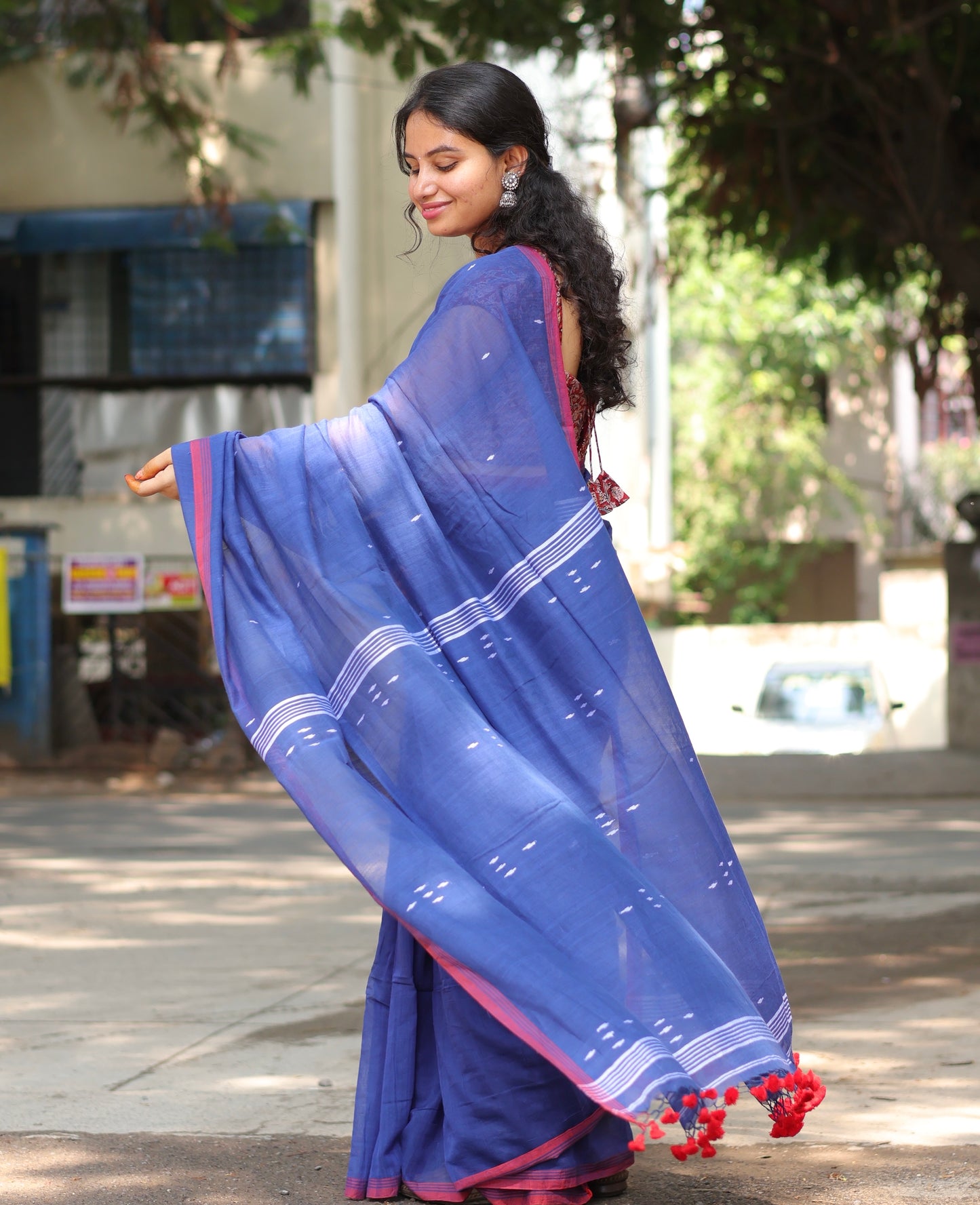 Blue Pure Handwoven Malai Cotton Saree with Butta Weaving