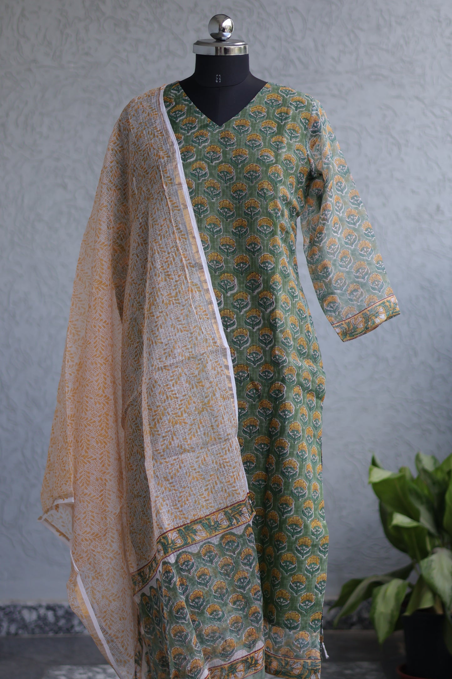 Green Handblock printed kota 3 piece suit (stitched)