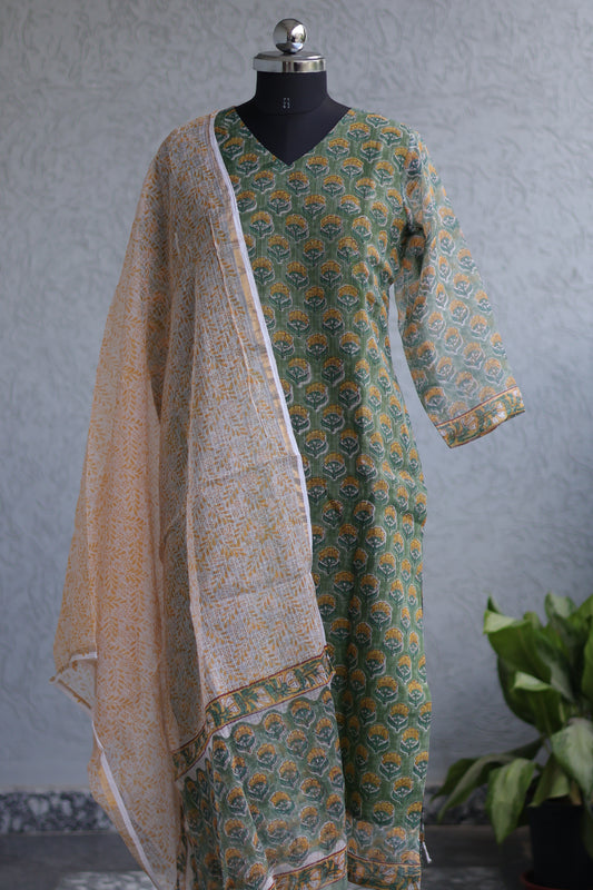 Green Handblock printed kota 3 piece suit (stitched)