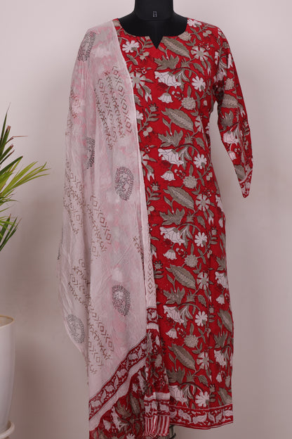 Red Handblock printed Pure Mul Cotton with Chiffon Duppata 3 piece suit (stitched)
