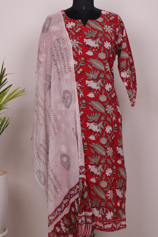 Red Handblock printed Pure Mul Cotton with Chiffon Duppata 3 piece suit (stitched)