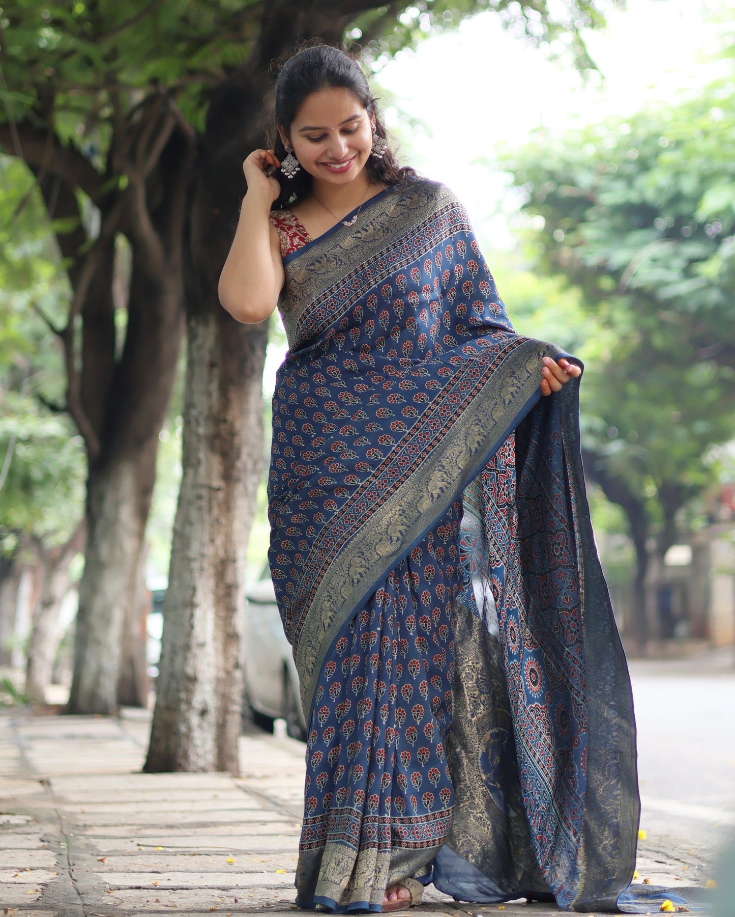 Blue Ajrakh Dola Silk Saree