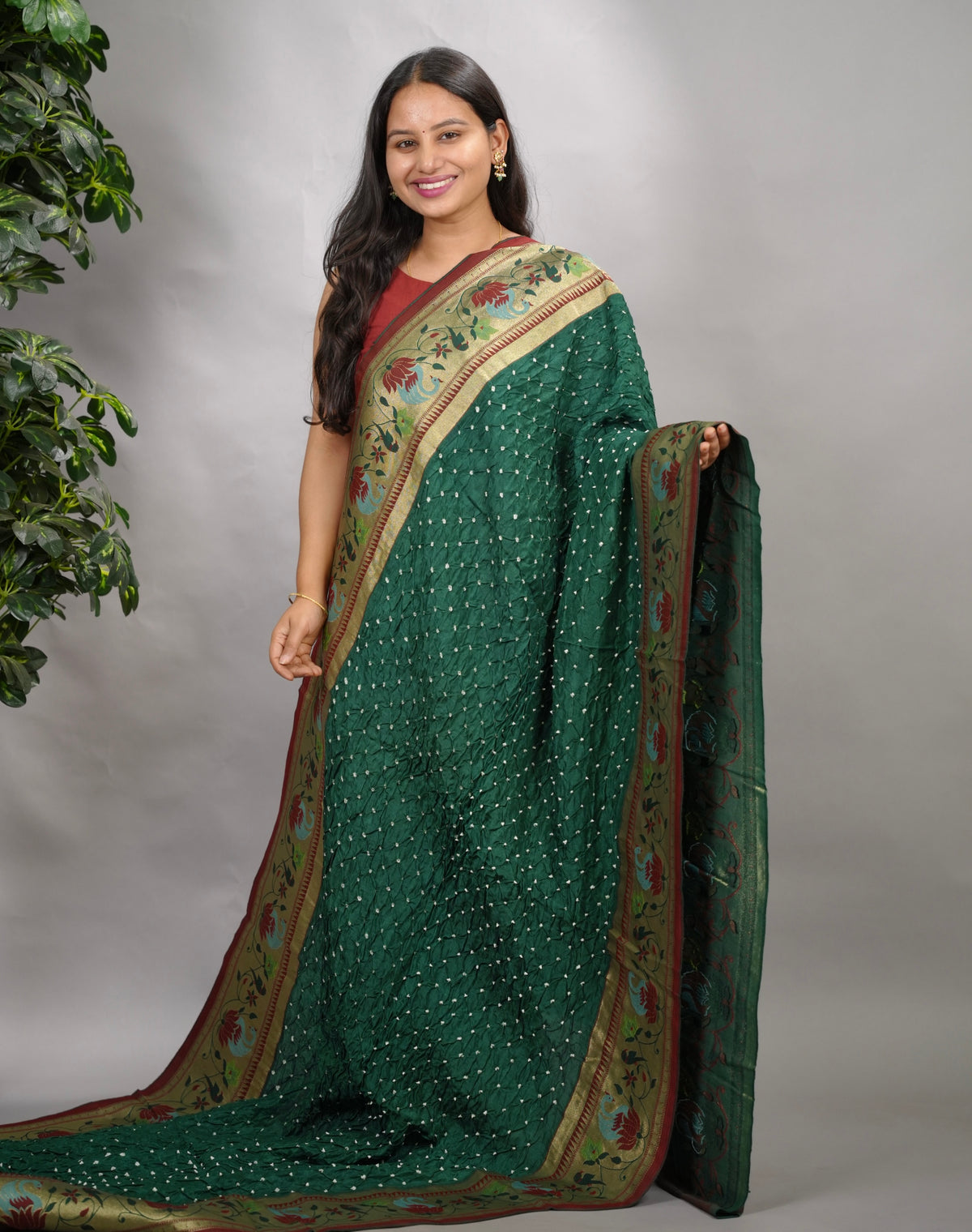 Green Handcrafted Bandhani Paithani Dola Silk Saree | Looms & Tassels