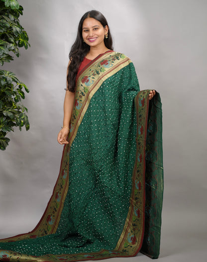 Green Handcrafted Bandhani Paithani Dola Silk Saree | Looms & Tassels