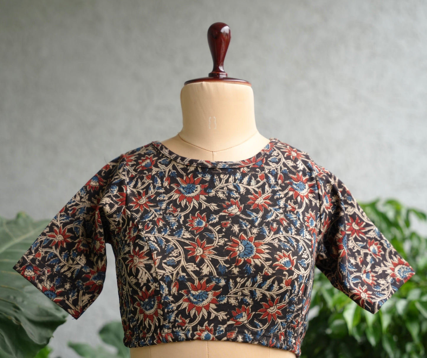 Black Boat Neck Stretchable Hand block printed kalamkari blouse