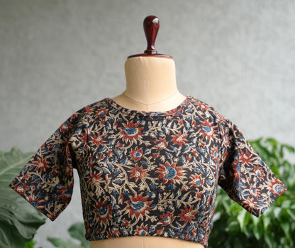 Black Boat Neck Stretchable Hand block printed kalamkari blouse