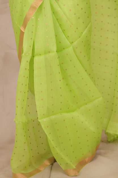 Pista Green Handwoven Muslin Silk Saree With Sequence Work | Looms & Tassels
