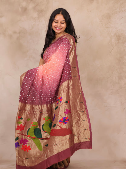 Peach & Wine Handcrafted Bandhani Paithani Dola Silk Saree | Looms & Tassels