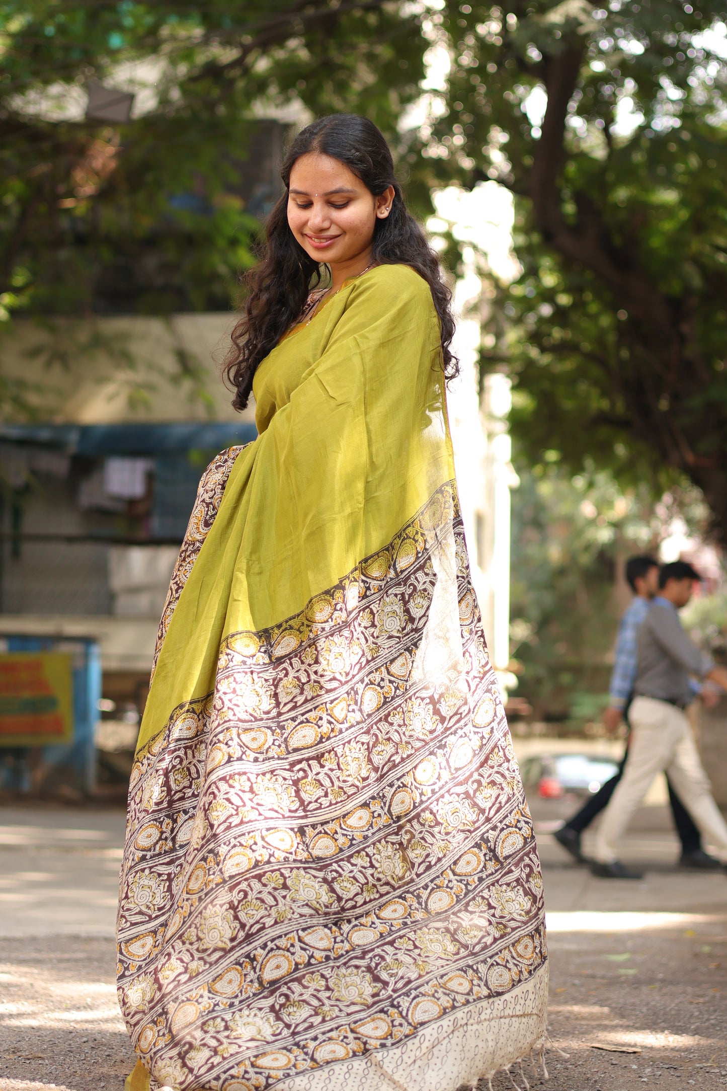 Green Kalamkari dyeing premium chennur silk with hand block print saree