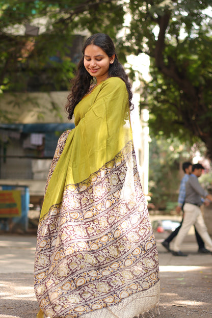 Green Kalamkari dyeing premium chennur silk with hand block print saree