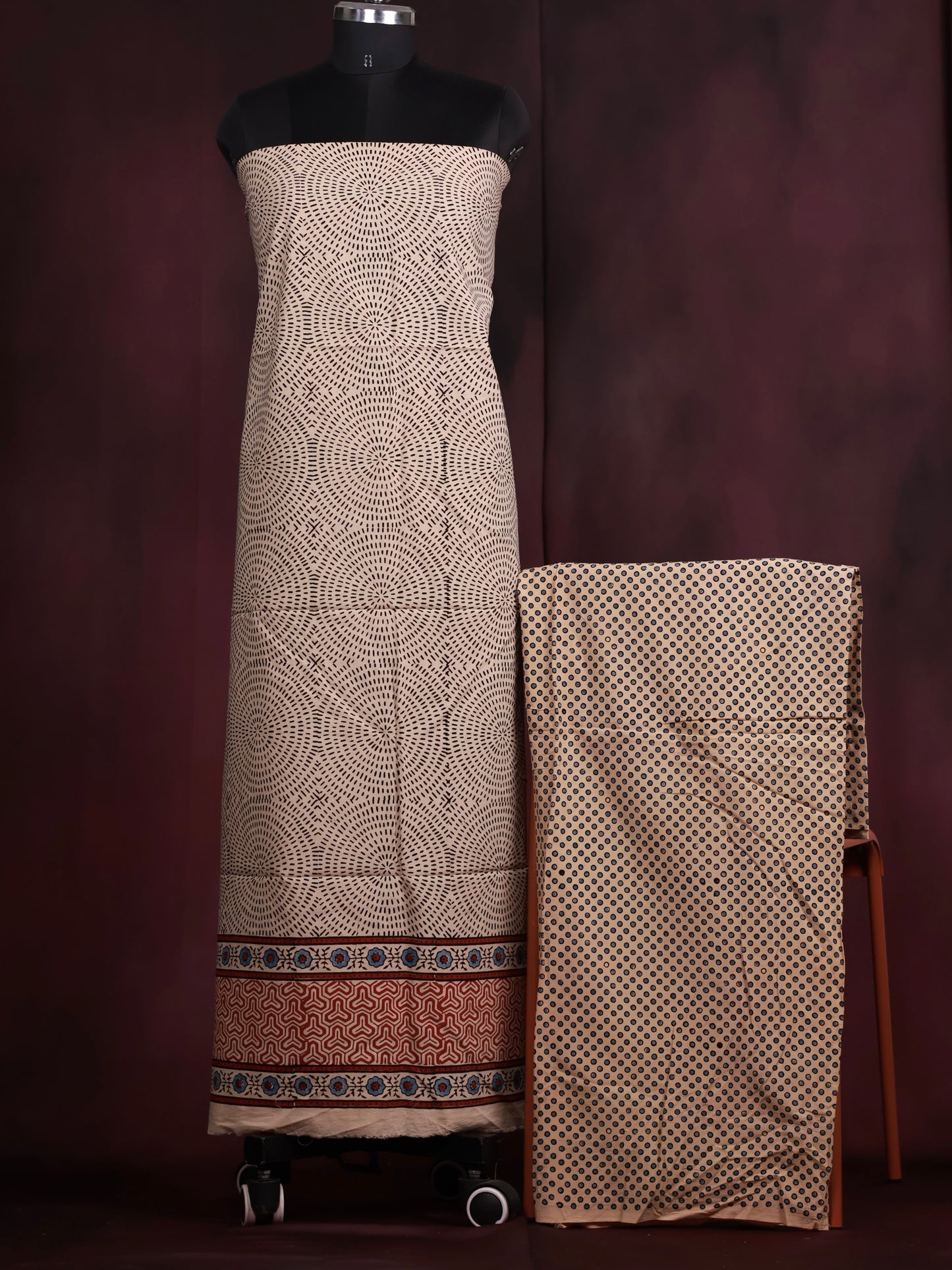 Off White Ajrakh Handblock Printed Pure Cotton 2 Piece Suit Set | Looms & Tassels