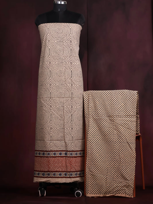 Off White Ajrakh Handblock Printed Pure Cotton 2 Piece Suit Set | Looms & Tassels