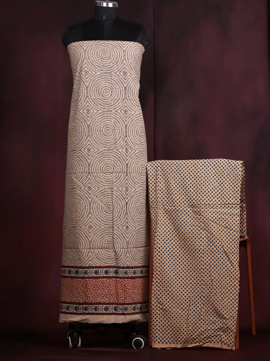 Off White Ajrakh Handblock Printed Pure Cotton 2 Piece Suit Set | Looms & Tassels