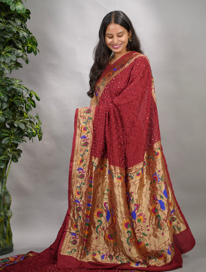 Maroon Handcrafted Bandhani Paithani Dola Silk Saree | Looms & Tassels