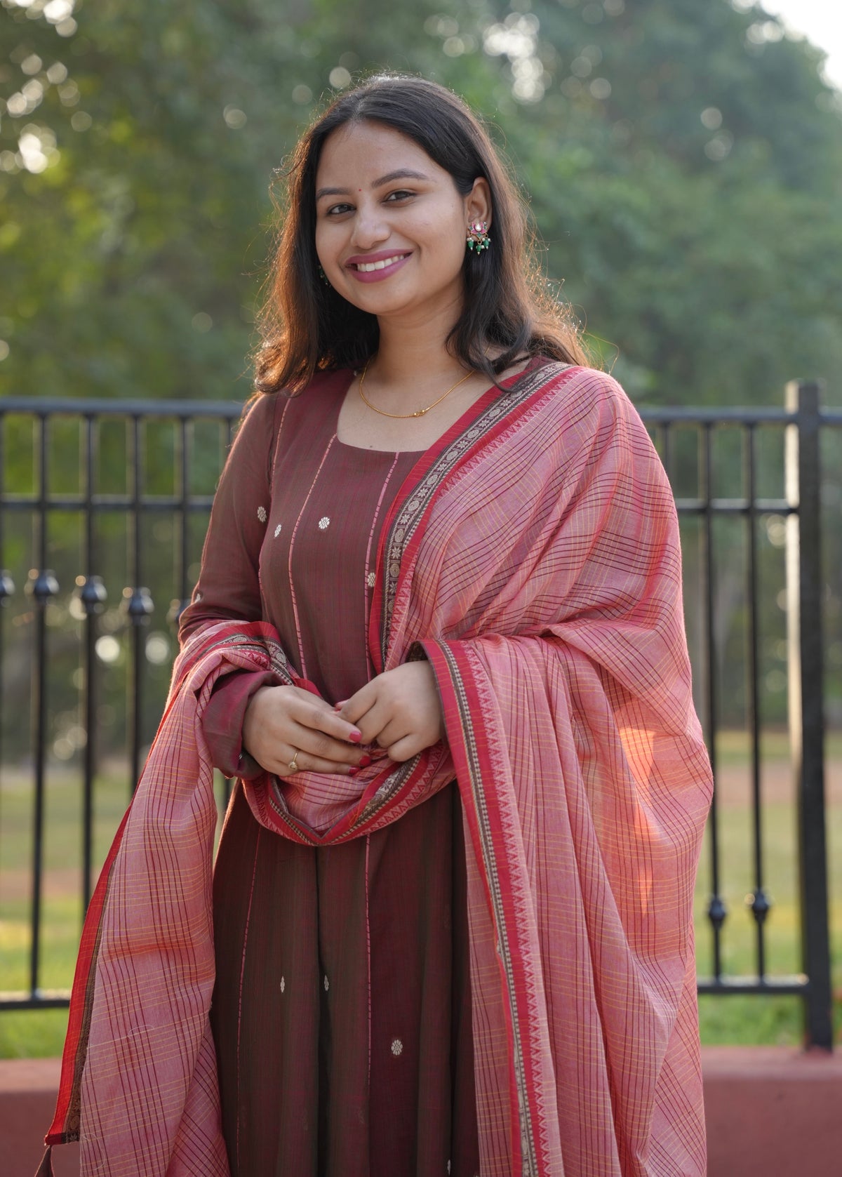 Onion Pink Narayanpet Cotton Anarkali Dress with Narayanpet Dupatta