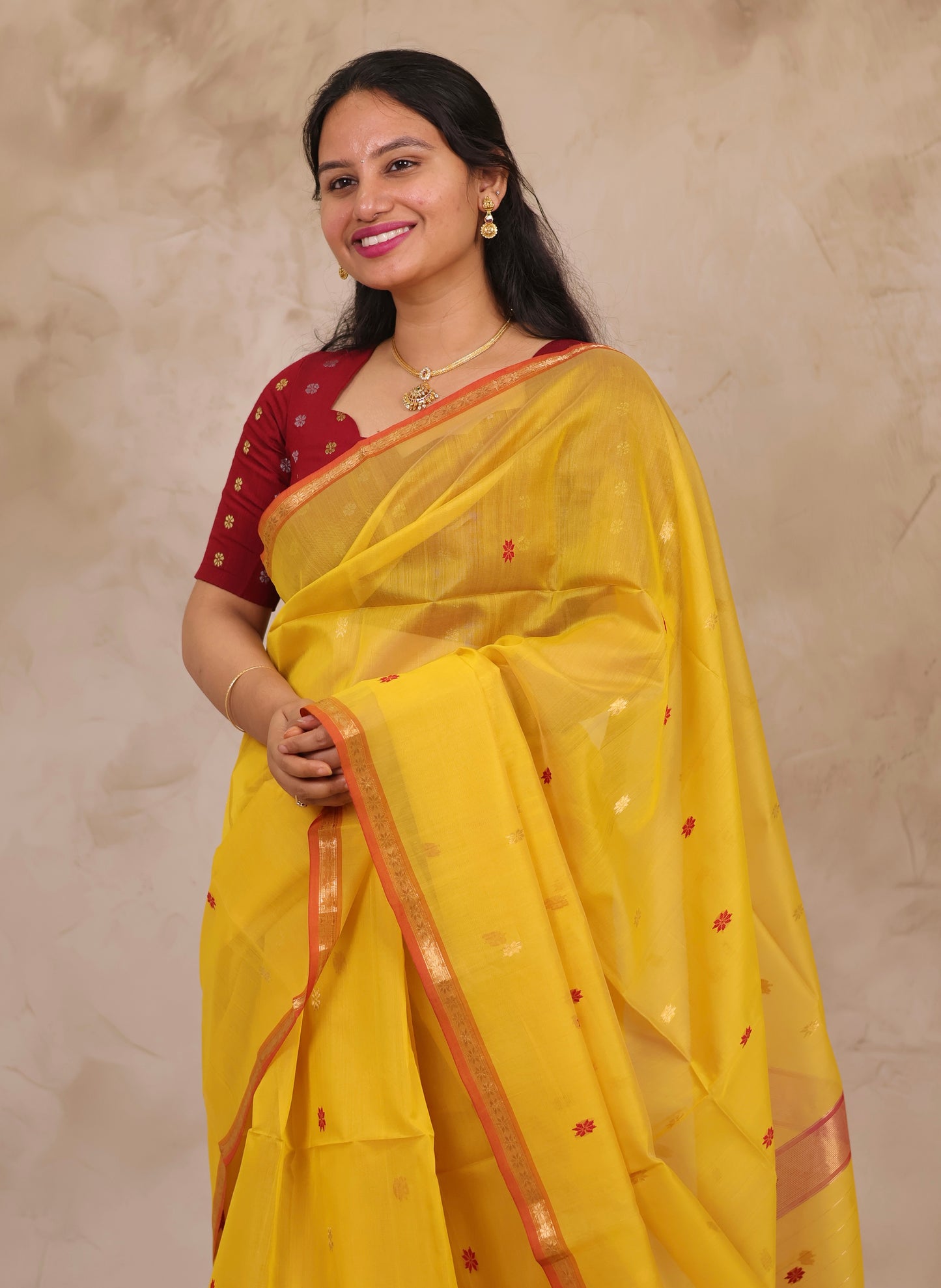 Yellow Handloom Maheswari Silk Cotton Sarees | Looms & Tassels