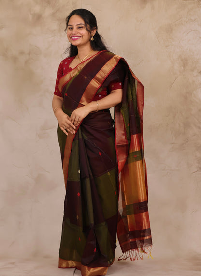 Wine & Green Handloom Maheswari Silk Cotton Sarees | Looms & Tassels