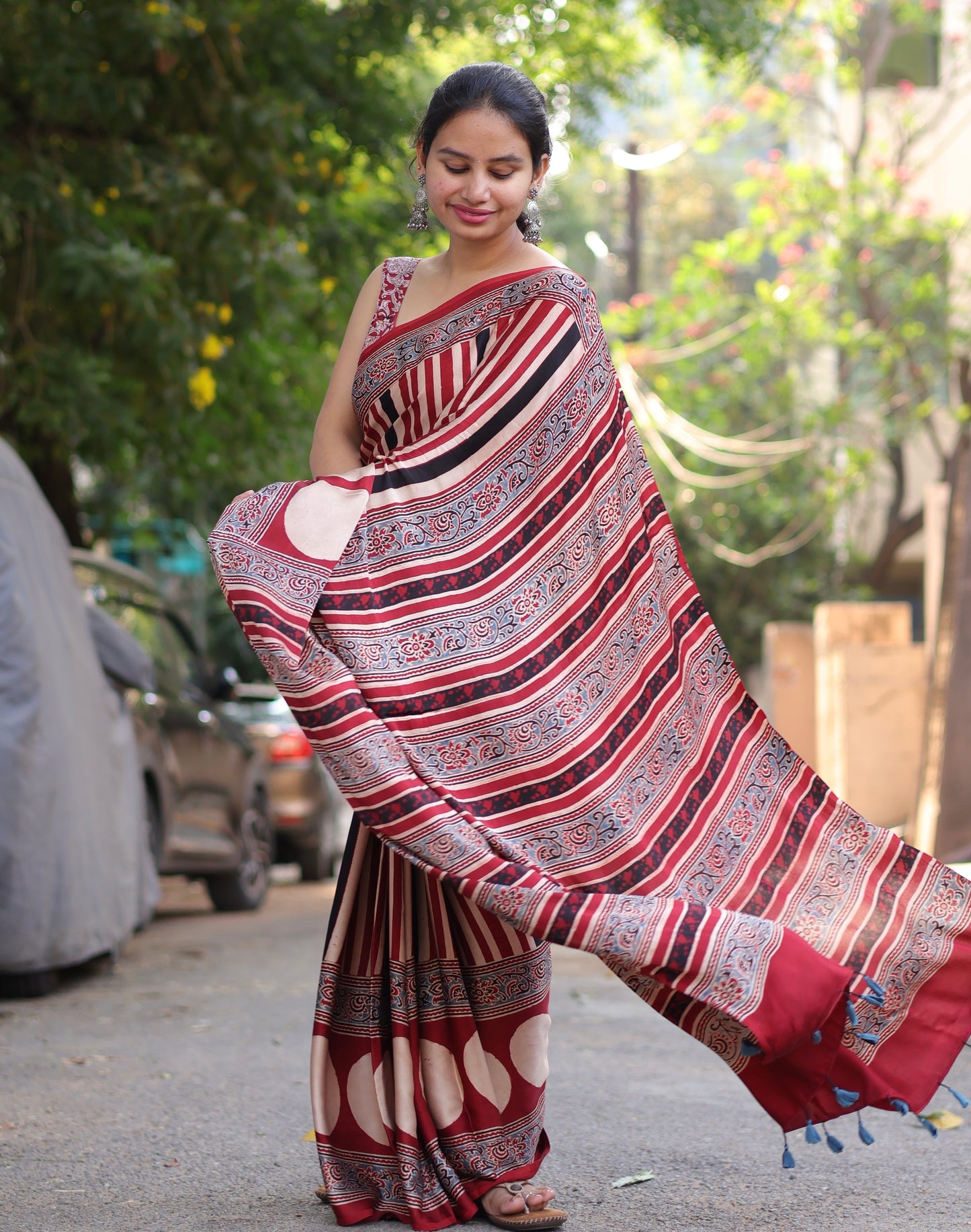 Red Ajrakh Modal Silk Saree