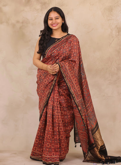 Maheswari Silk Cotton Ajrakh Handblock Printed Saree | Looms & Tassels