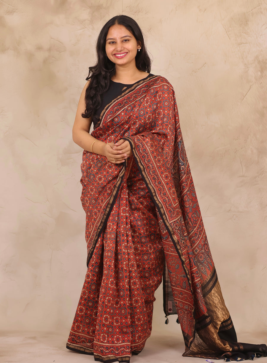 Chanderi Silk Cotton Ajrakh Handblock Printed Saree | Looms & Tassels