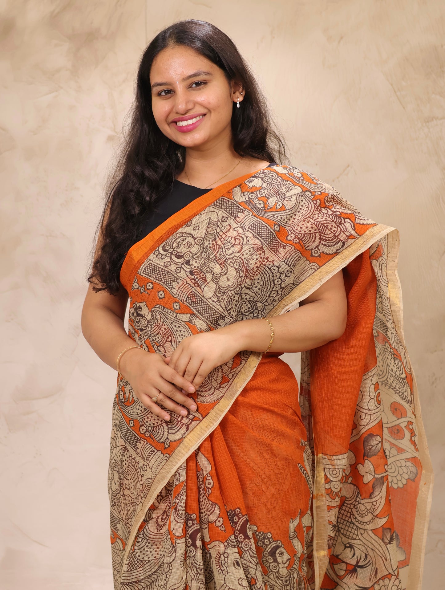 Orange Kota Doria Saree with Kalamkari Handblock Prints | Looms & Tassels