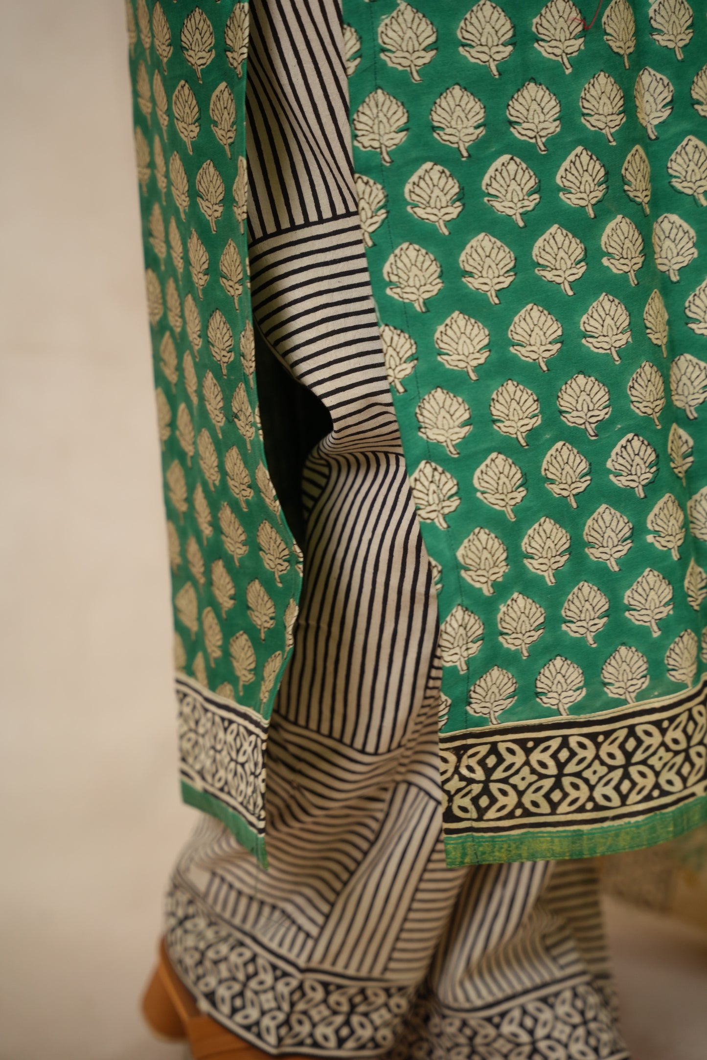 Green Handblock printed Pure Chenderi Silk 3 piece suit (stitched) | Looms & Tassels