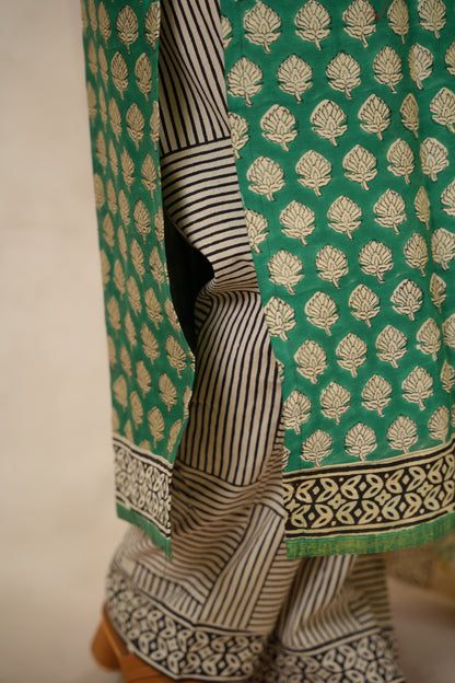 Green Handblock printed Pure Chenderi Silk 3 piece suit (stitched) | Looms & Tassels