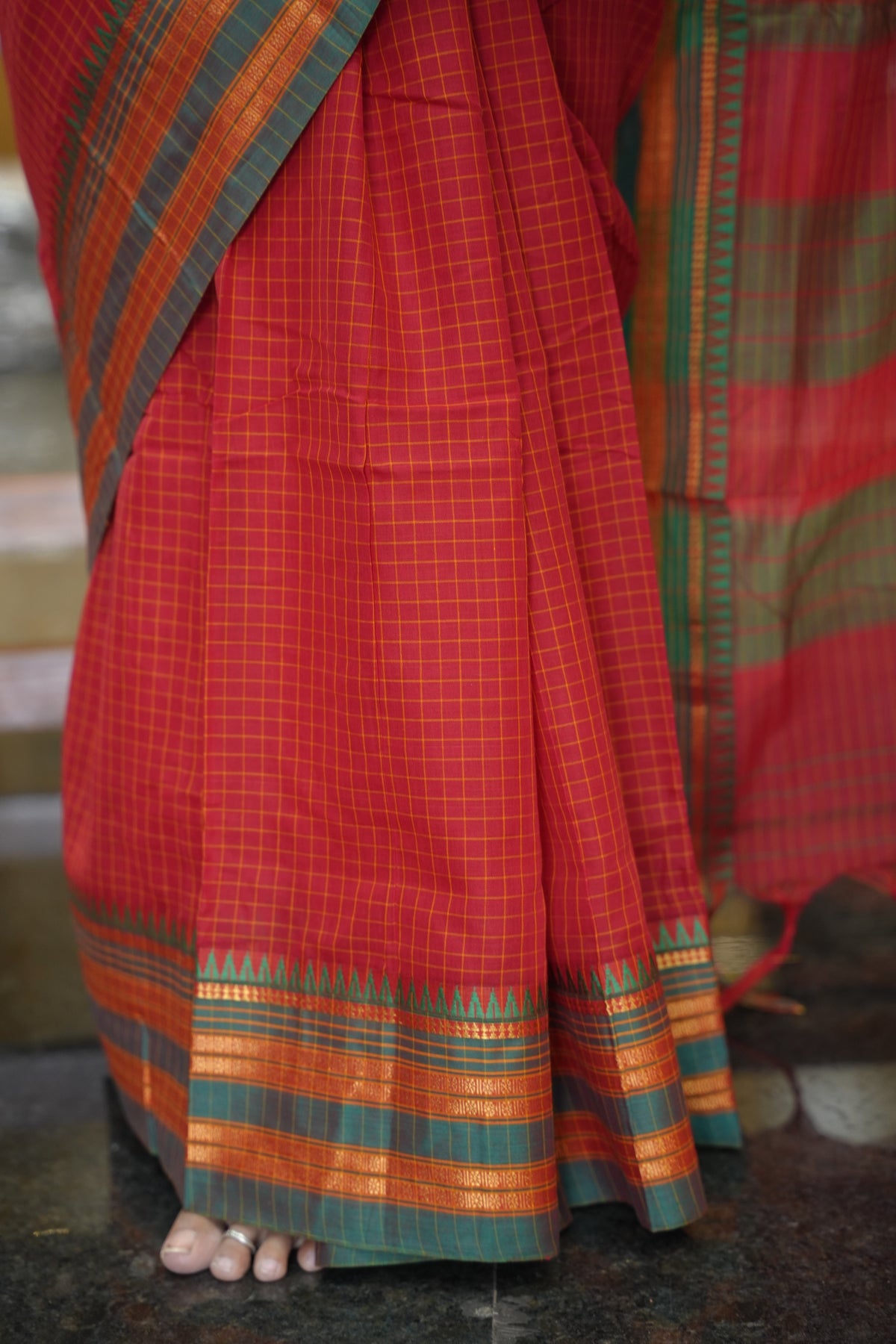 Red Checks Narayanpet Cotton Saree with Traditional contrast Border | Looms & Tassels