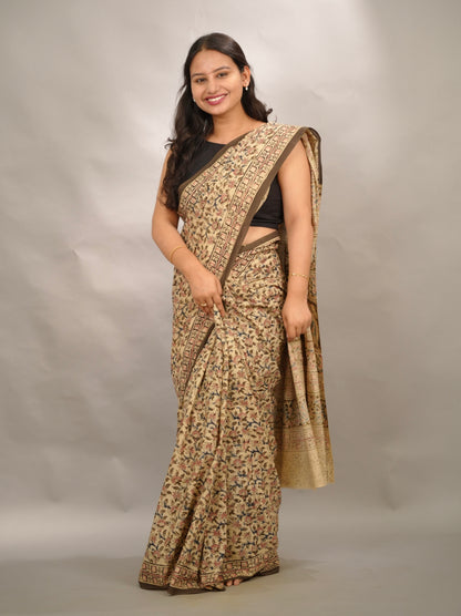 Cream Hand Block Printed Kalamkari Cotton Saree | Looms & Tassels