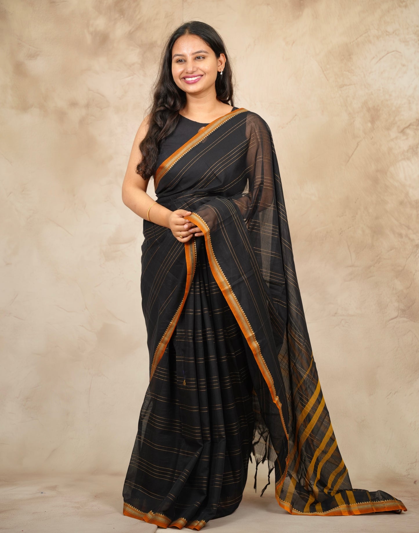 Black Narayanpet Cotton Saree lines weaving | Looms & Tassels