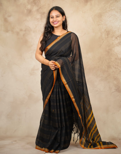 Black Narayanpet Cotton Saree lines weaving | Looms & Tassels