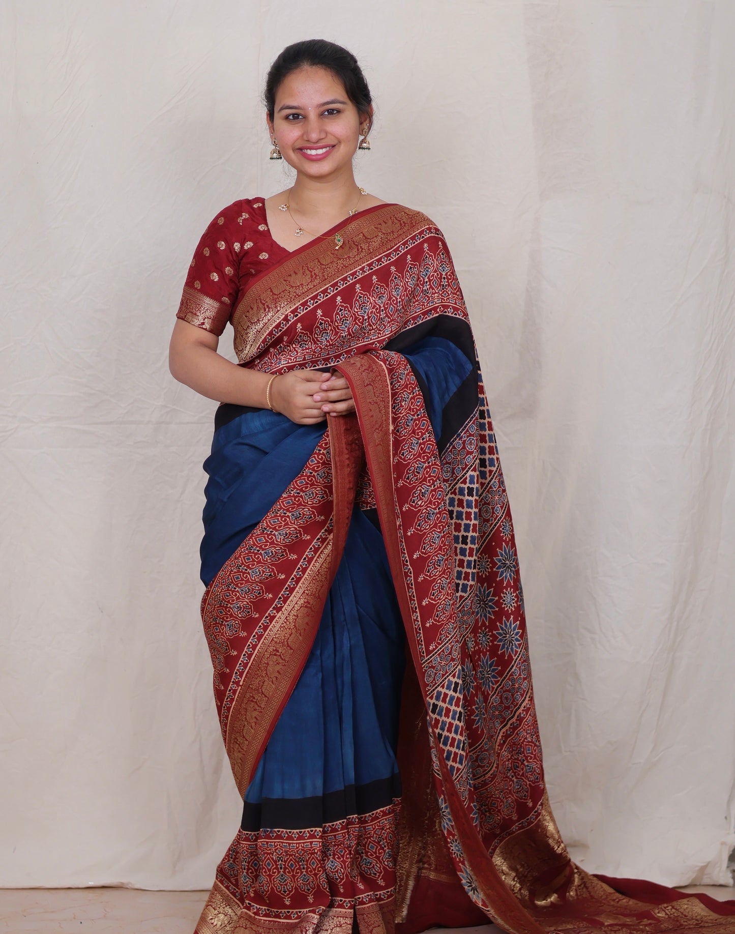 Cyan Blue Ajrakh Dola Silk Saree