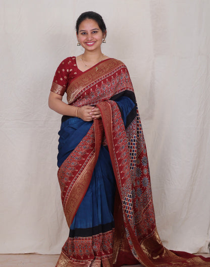 Cyan Blue Ajrakh Dola Silk Saree