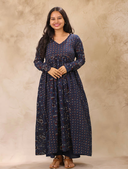 Indigo Ajrakh Hand Block Printed Pure Mul Cotton Aline Kurta | Looms & Tassels