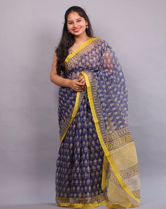 Blue Bagru Hand block printed Kota Doriya Saree