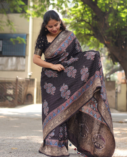 Ajrakh Dola Silk Saree
